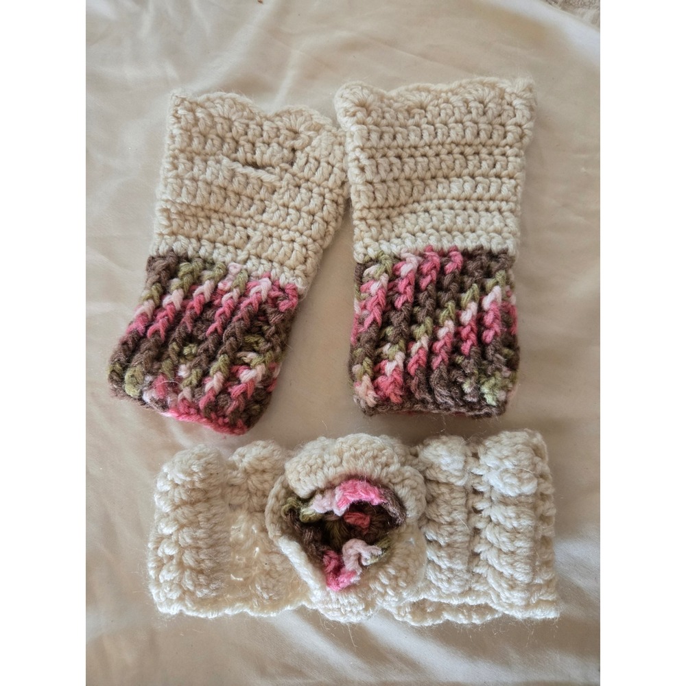 Handmade Crochet Accessory Set Cream Pink Flower Headband Fingerless Gloves Boho